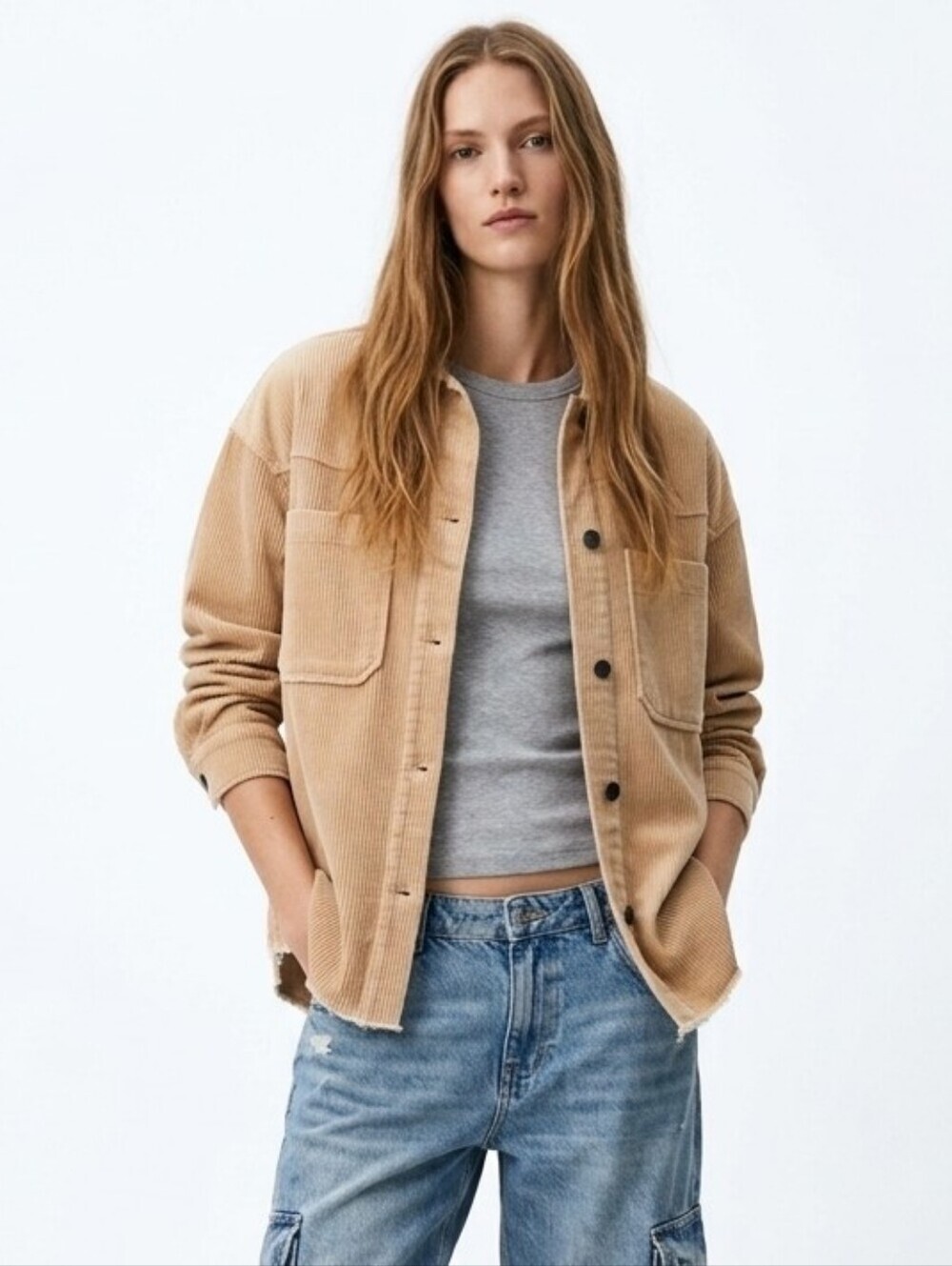 NWT Zara Corduroy Button-Front Collared Shirt Jacket In Cream - S